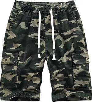 Mens Big and Tall Shorts Elastic Waist Cotton Cargo Shorts Drawstring Multi Pocket Casual Tooling Shorts Sport Shorts