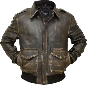 Mens Bomber Jacket - Air Force Brown Flight A2 Aviator Old School Pilot US Navy Leather Jacket for Men
