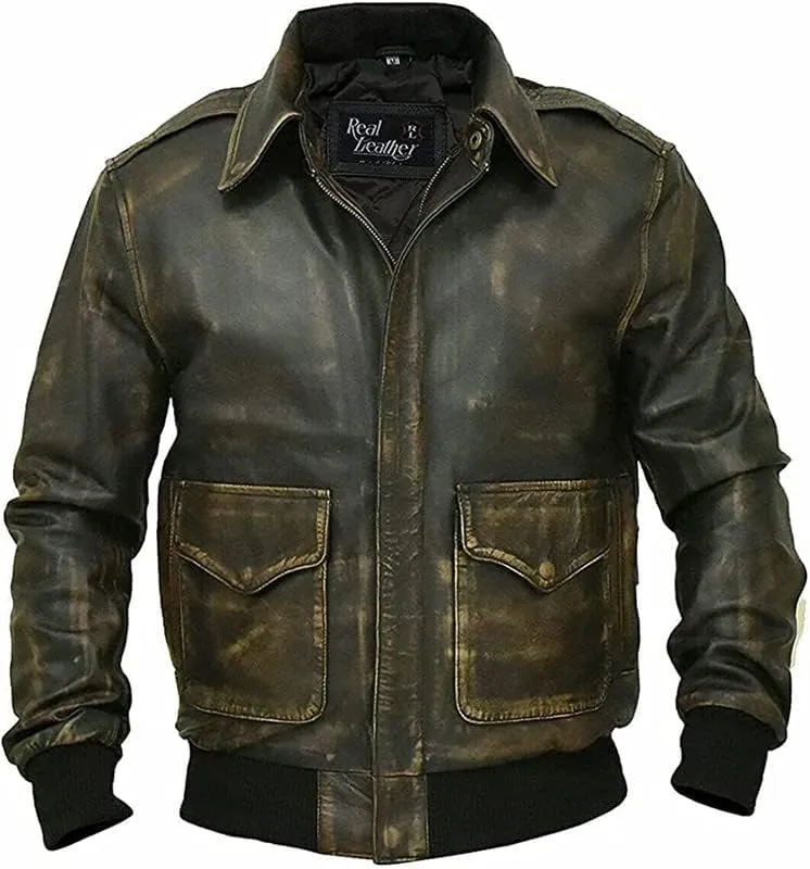 Mens Bomber Jacket - Air Force Brown Flight A2 Aviator Old School Pilot US Navy Leather Jacket for Men