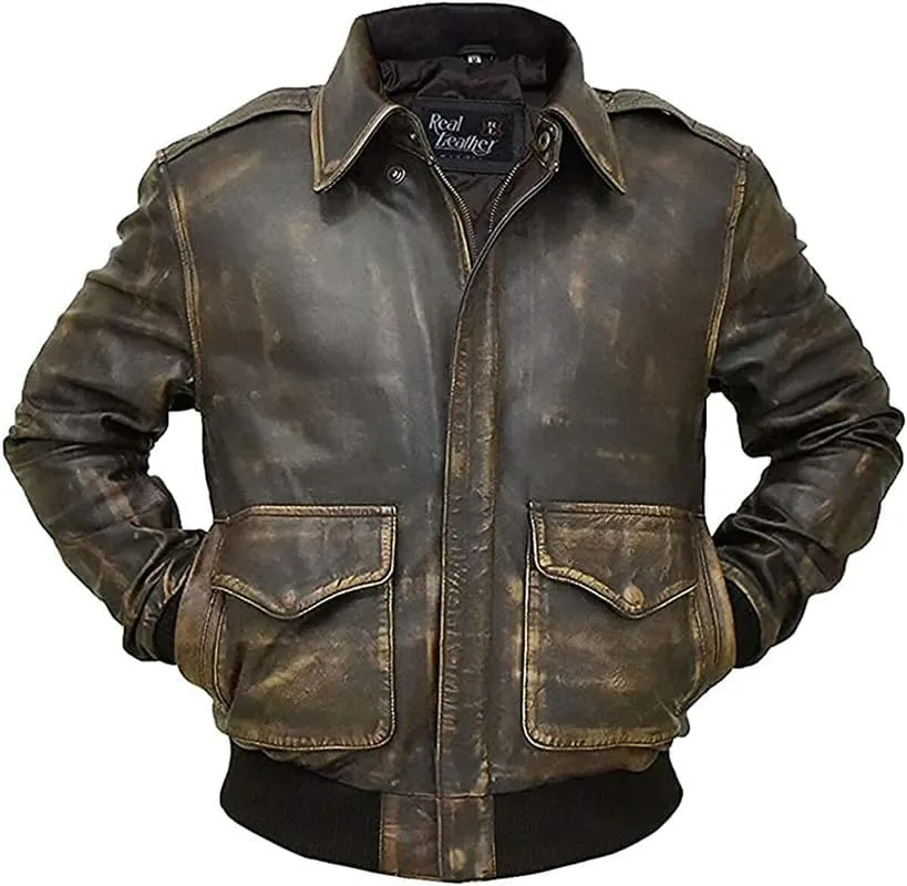 Mens Bomber Jacket - Air Force Brown Flight A2 Aviator Old School Pilot US Navy Leather Jacket for Men