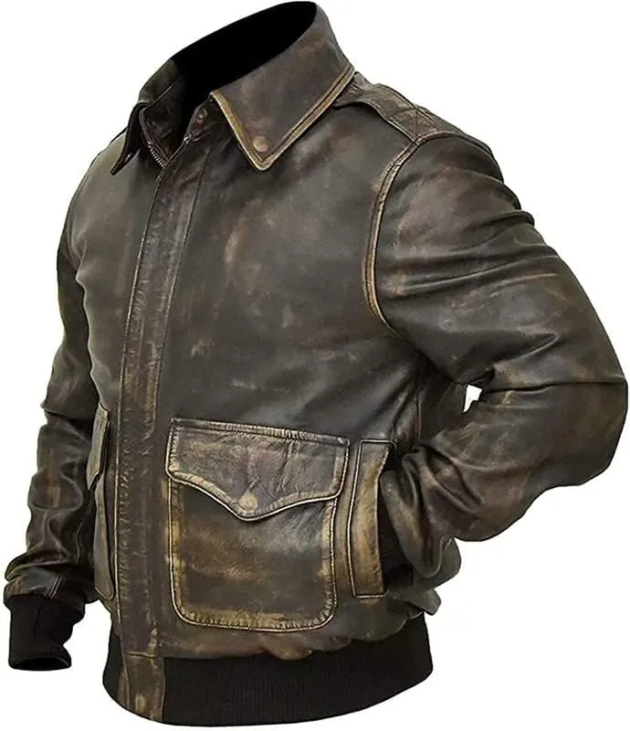 Mens Bomber Jacket - Air Force Brown Flight A2 Aviator Old School Pilot US Navy Leather Jacket for Men