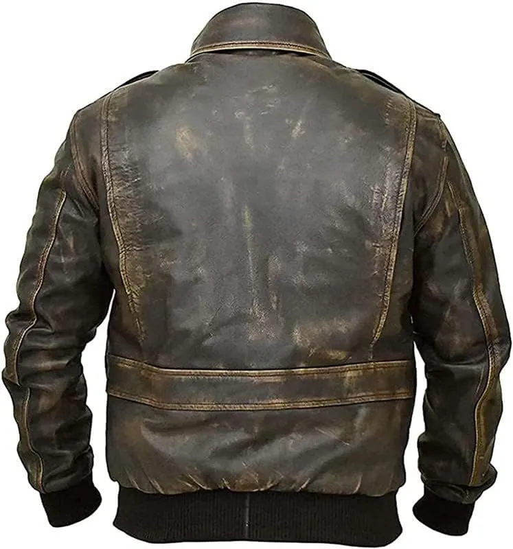 Mens Bomber Jacket - Air Force Brown Flight A2 Aviator Old School Pilot US Navy Leather Jacket for Men