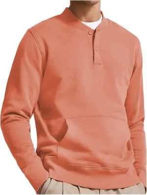 Mens Button Down Long Sleeve Shirts Slim Fit 2024 Fall Thin Crewneck Henly Shirt Solid Crewneck Sweatshirts Pullover