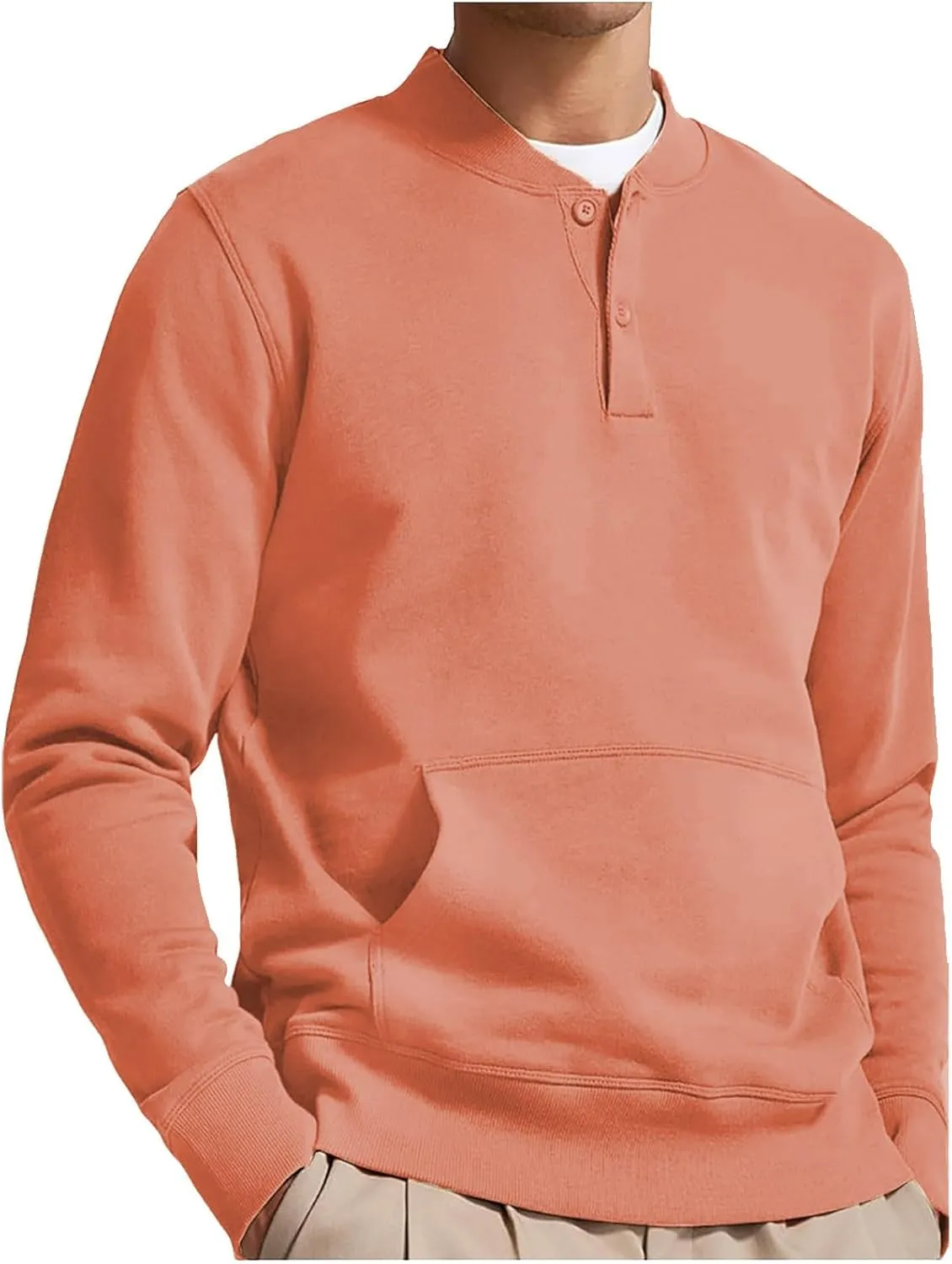 Mens Button Down Long Sleeve Shirts Slim Fit 2024 Fall Thin Crewneck Henly Shirt Solid Crewneck Sweatshirts Pullover