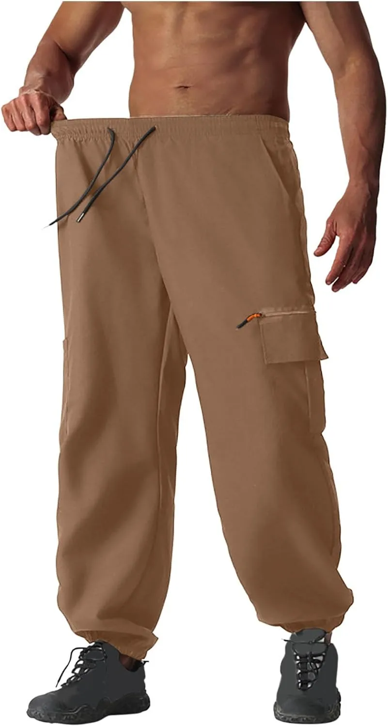 Men's Cargo Pants Workout Joggers Stretch Sweatpants Outdoor Hiking Fishing Drawstring Tactical Pant with Multi Pockets