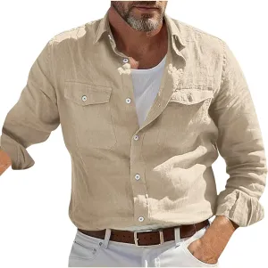 Mens Casual Solid Color Long Sleeve Shirts Cotton Linen Lapel Shirt with Pockets Casual Lightweight Button Down Tops