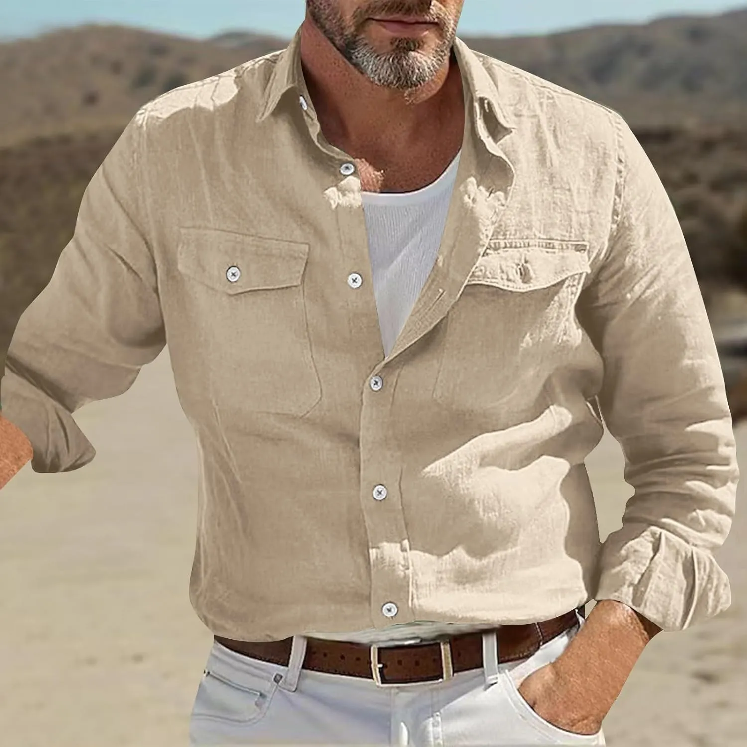 Mens Casual Solid Color Long Sleeve Shirts Cotton Linen Lapel Shirt with Pockets Casual Lightweight Button Down Tops
