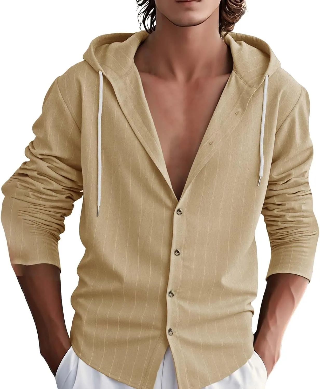 Mens Cotton Linen Hoodies Striped Casual Long Sleeve V Neck Button Down Hooded Shirts Hawaiian Beach Yoga Sweatshirts