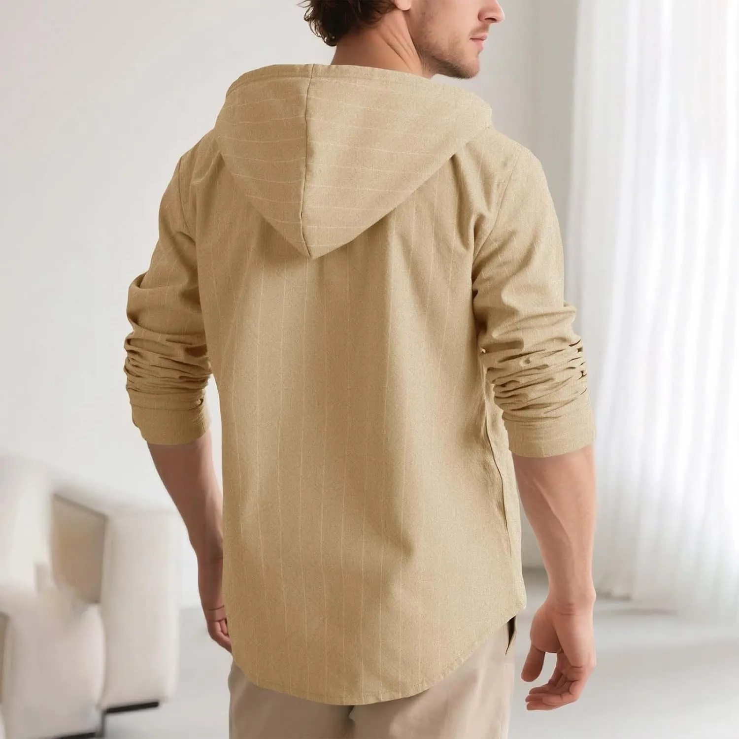 Mens Cotton Linen Hoodies Striped Casual Long Sleeve V Neck Button Down Hooded Shirts Hawaiian Beach Yoga Sweatshirts