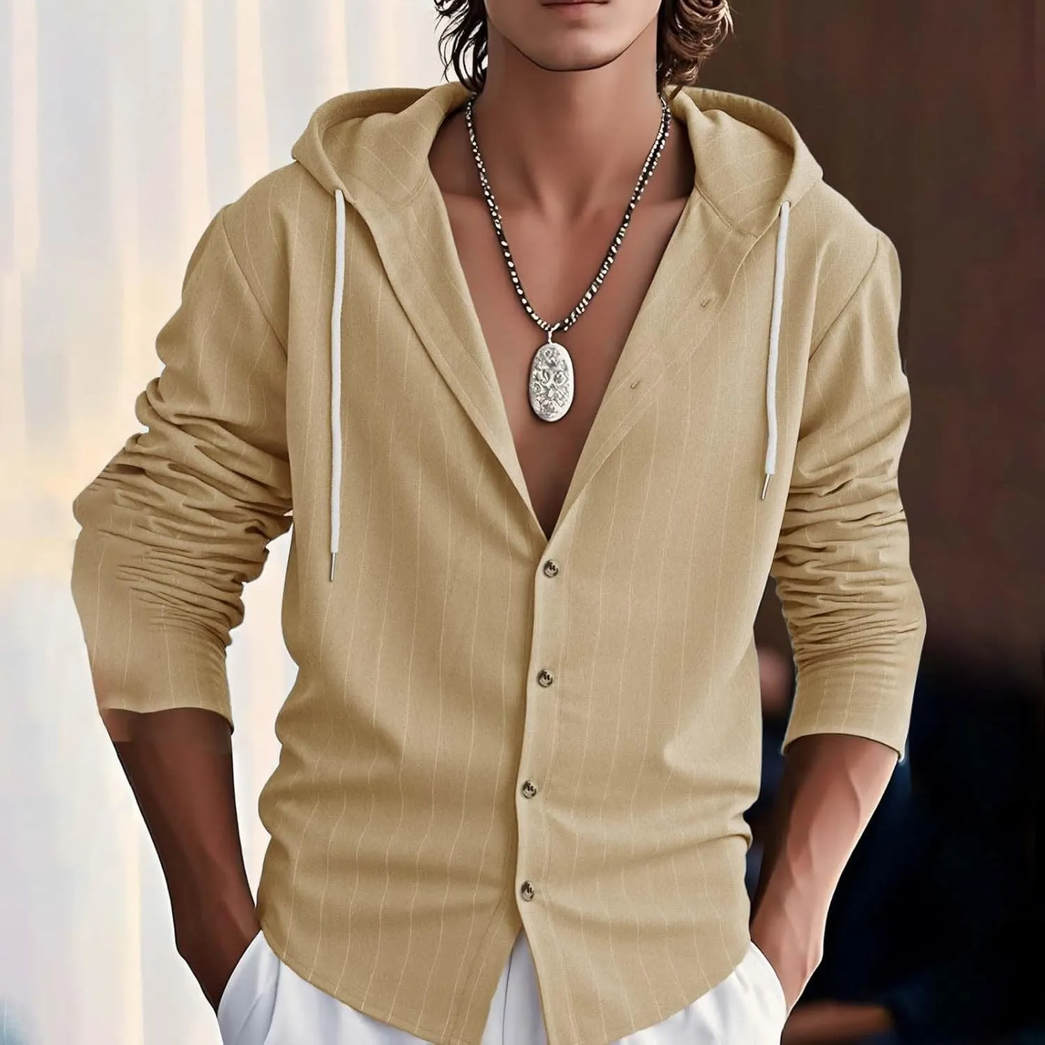 Mens Cotton Linen Hoodies Striped Casual Long Sleeve V Neck Button Down Hooded Shirts Hawaiian Beach Yoga Sweatshirts