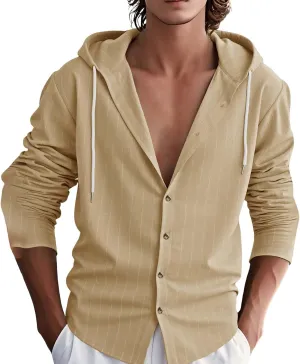 Mens Cotton Linen Hoodies Striped Casual Long Sleeve V Neck Button Down Hooded Shirts Hawaiian Beach Yoga Sweatshirts