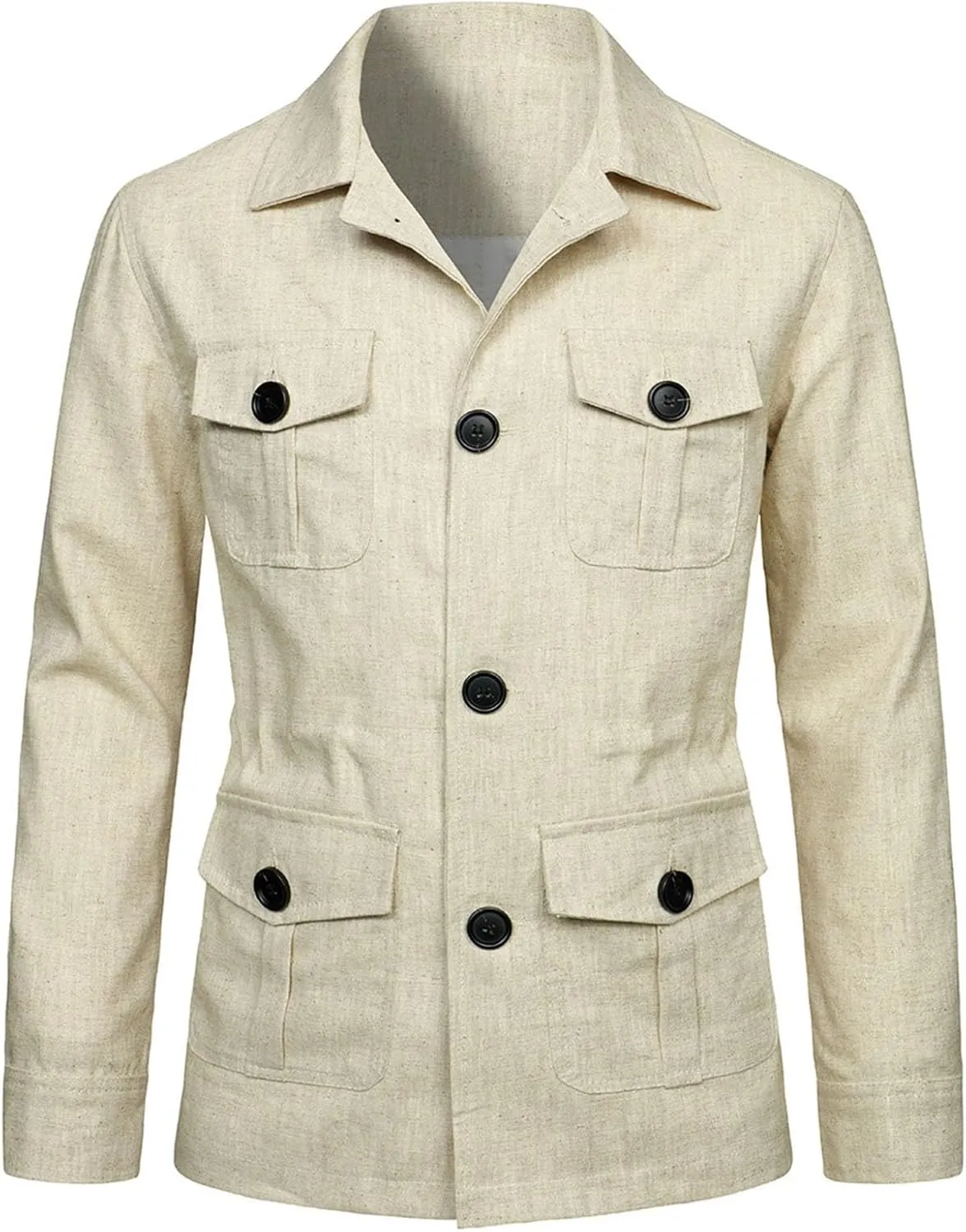 Mens Field Jacket Casual Cotton Linen Lightweight Safari Shirts with Pockets Utility Military Button Down Work Coats