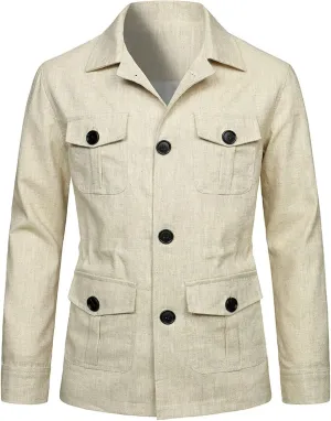 Mens Field Jacket Casual Cotton Linen Lightweight Safari Shirts with Pockets Utility Military Button Down Work Coats