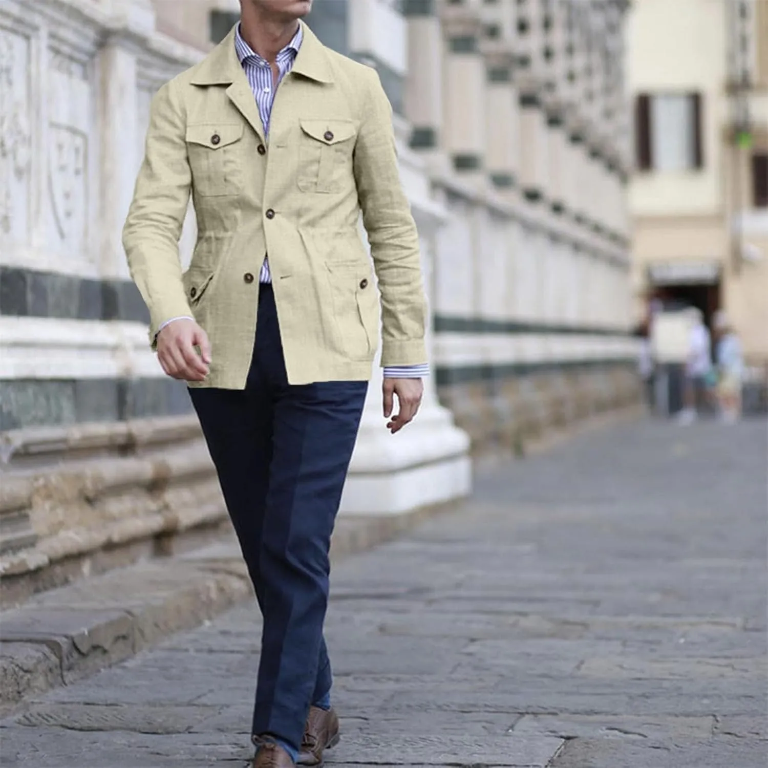 Mens Field Jacket Casual Cotton Linen Lightweight Safari Shirts with Pockets Utility Military Button Down Work Coats