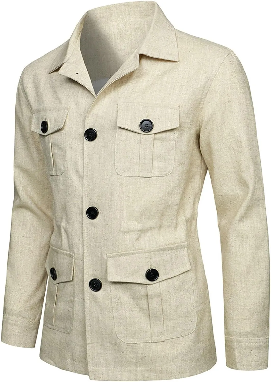 Mens Field Jacket Casual Cotton Linen Lightweight Safari Shirts with Pockets Utility Military Button Down Work Coats