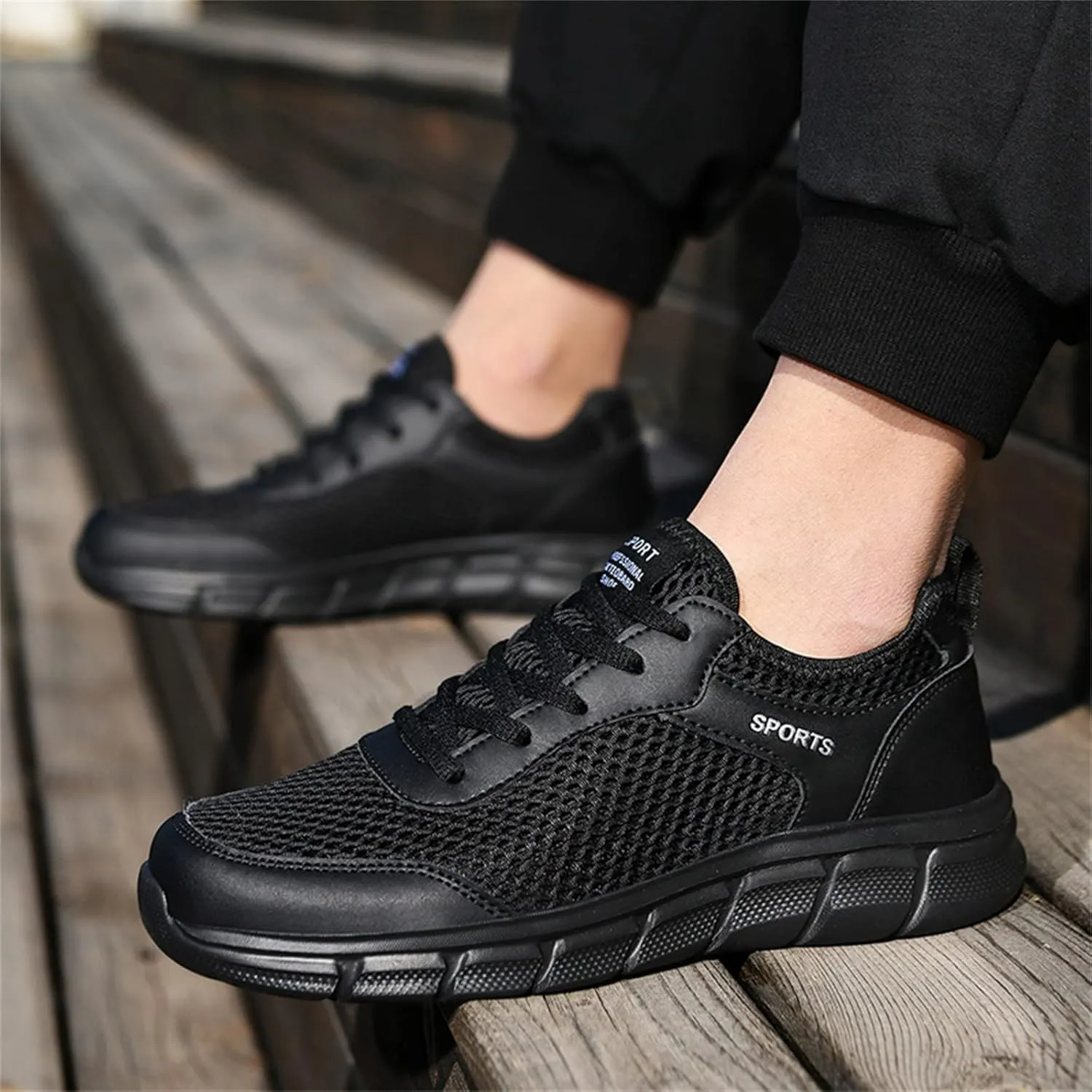 Men's Lace-Up Running Shoes Breathable Mesh Fashionable Lightweight Comfortable Athletic Sneakers for Gym Training & Casual Walking for Men Black Footwear