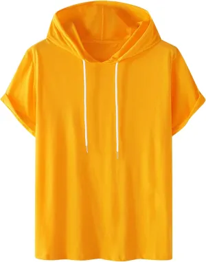 Mens Tshirts Cotton Short Sleeve Causal Hooded Shirts Lightweight Solid Athletic Workout Tops Drawstring Hoodies