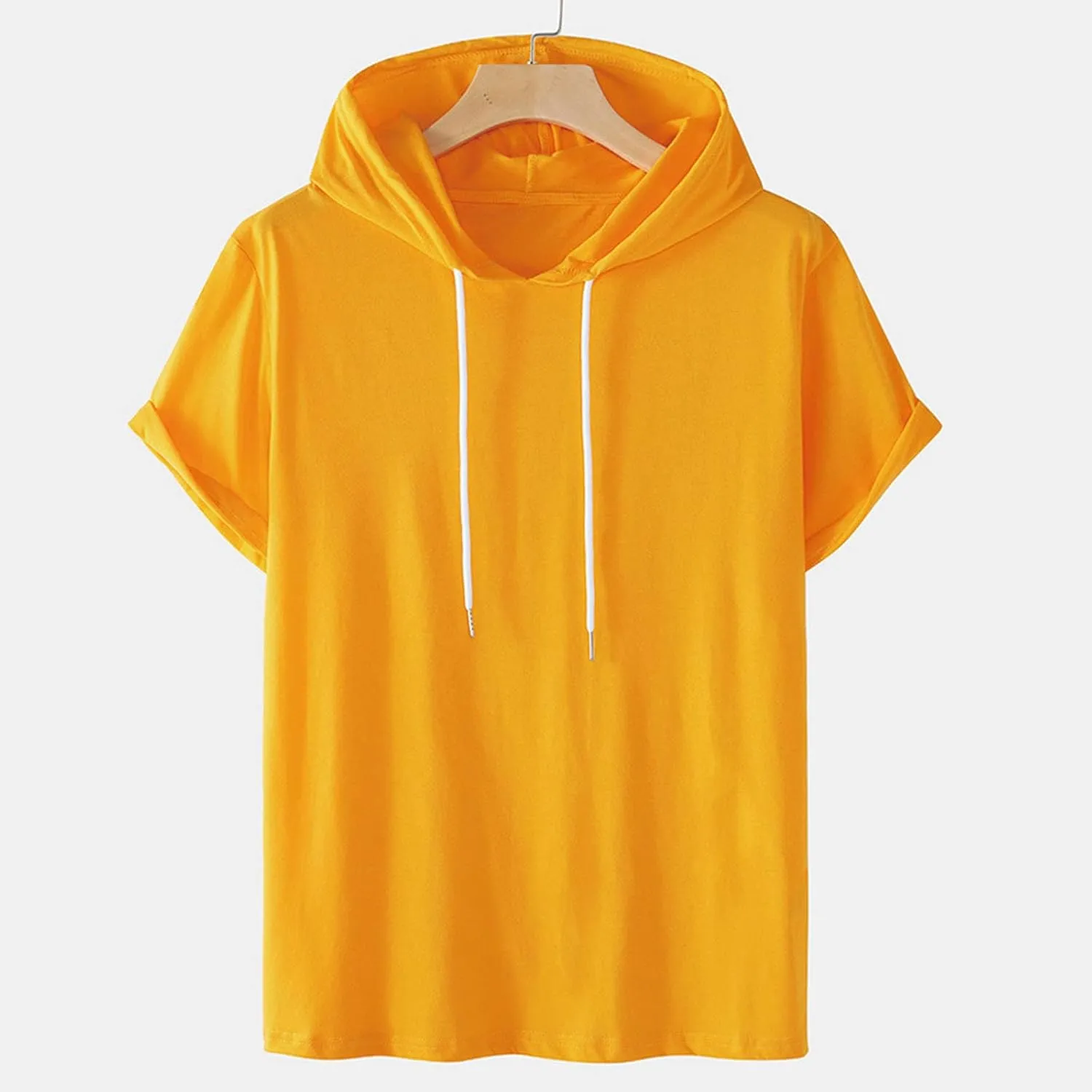 Mens Tshirts Cotton Short Sleeve Causal Hooded Shirts Lightweight Solid Athletic Workout Tops Drawstring Hoodies