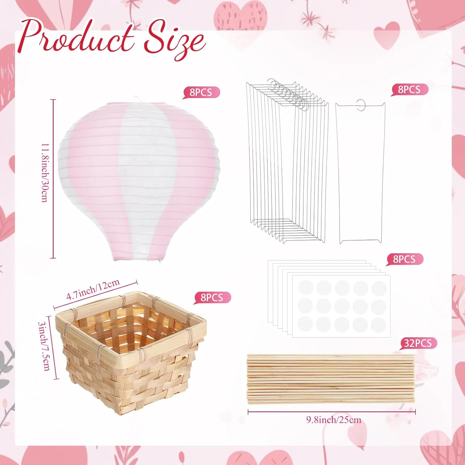 Meooeck 8 Sets Hot Air Balloon Table Centerpieces 11.8'' Paper Lanterns Woven Baskets with Sticks for DIY Hot Air Balloon Centerpiece Decor for Gender Reveal Birthday Baby Shower Wedding (Pink)