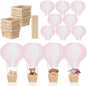 Meooeck 8 Sets Hot Air Balloon Table Centerpieces 11.8'' Paper Lanterns Woven Baskets with Sticks for DIY Hot Air Balloon Centerpiece Decor for Gender Reveal Birthday Baby Shower Wedding (Pink)