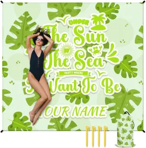 Mercuryelf Beach Blanket Waterproof Sandproof - 87x79 Inches Polyester Outdoor Mat for Camping & Travel - Personalized Green Foldable Picnic Blankets with Stakes & Sand Pocket