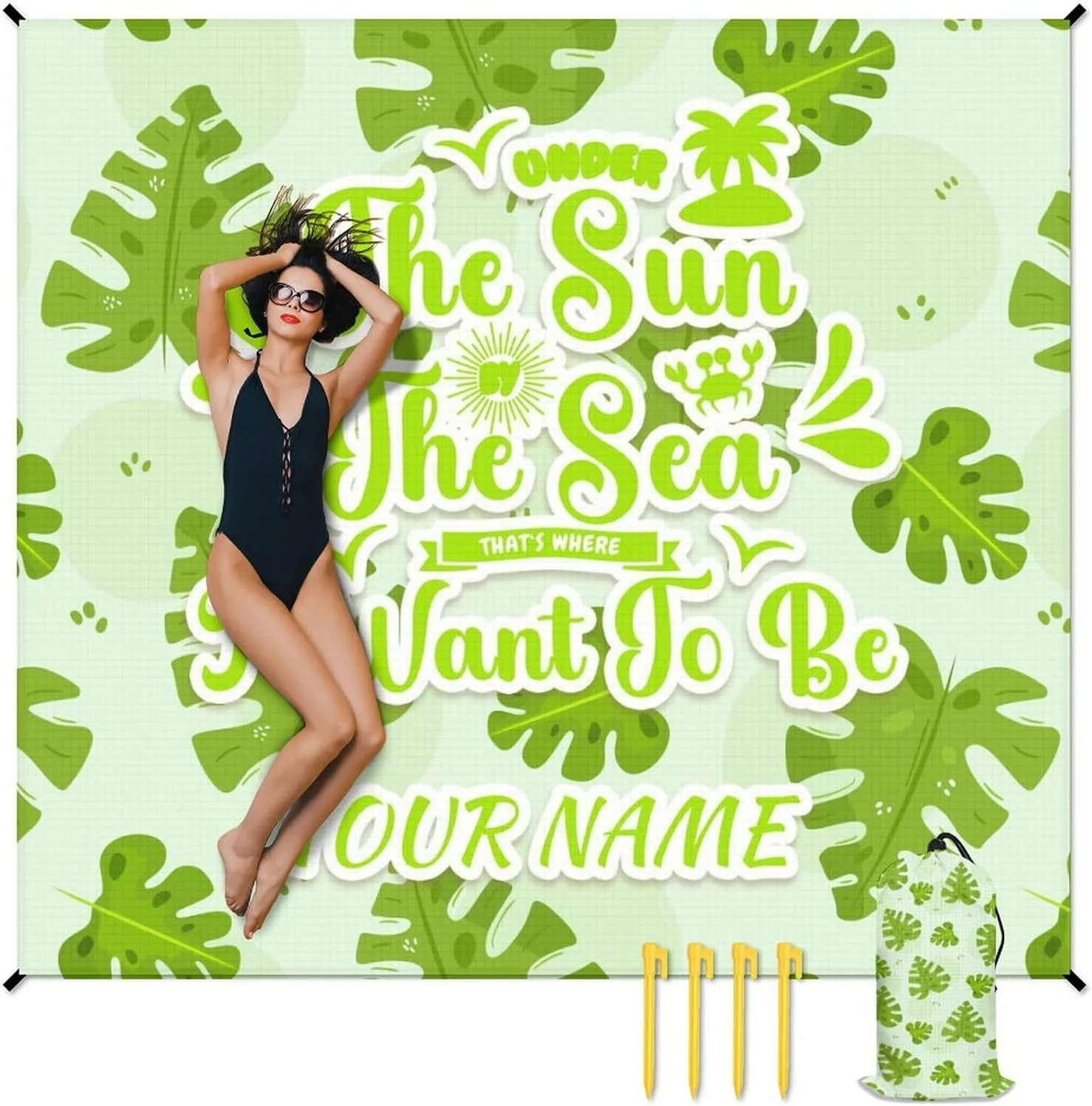 Mercuryelf Beach Blanket Waterproof Sandproof - 87x79 Inches Polyester Outdoor Mat for Camping & Travel - Personalized Green Foldable Picnic Blankets with Stakes & Sand Pocket