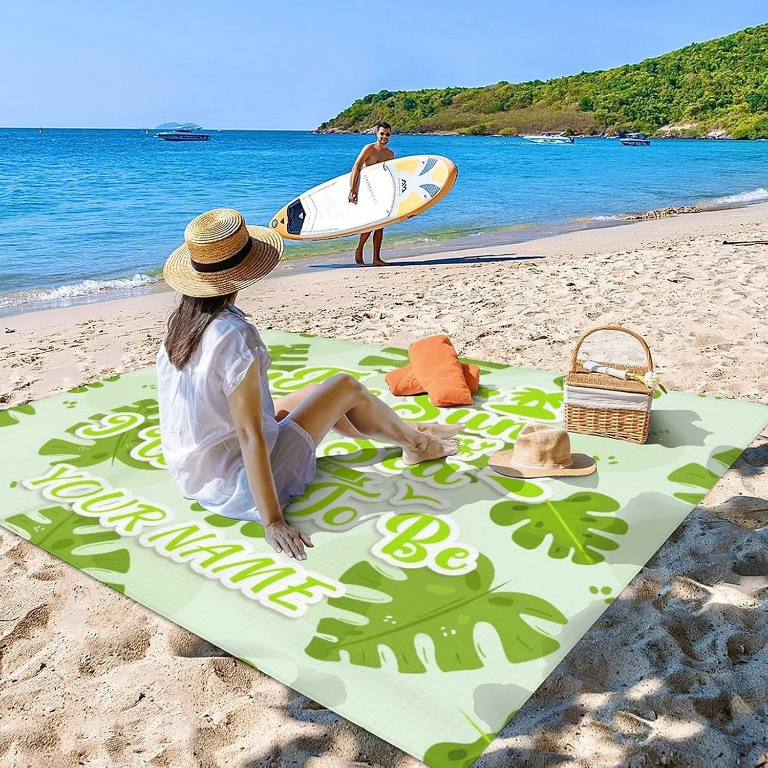Mercuryelf Beach Blanket Waterproof Sandproof - 87x79 Inches Polyester Outdoor Mat for Camping & Travel - Personalized Green Foldable Picnic Blankets with Stakes & Sand Pocket