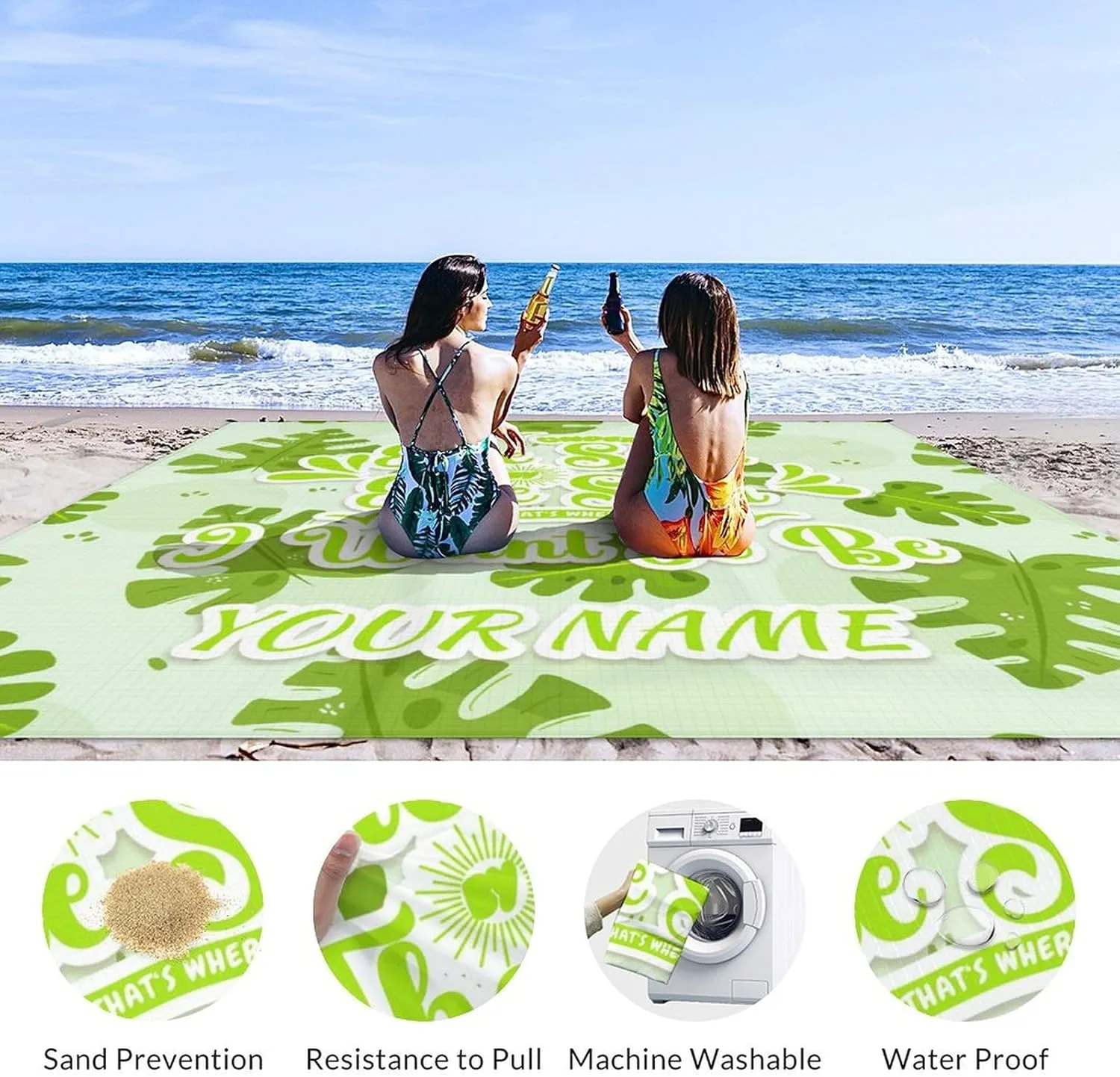 Mercuryelf Beach Blanket Waterproof Sandproof - 87x79 Inches Polyester Outdoor Mat for Camping & Travel - Personalized Green Foldable Picnic Blankets with Stakes & Sand Pocket