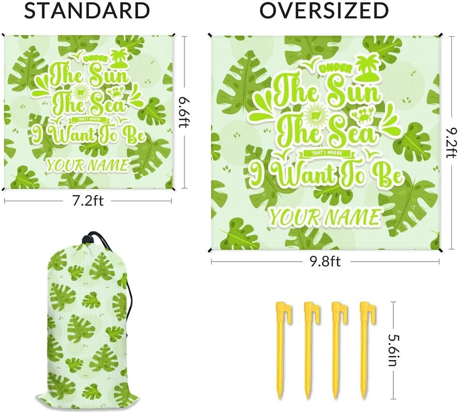 Mercuryelf Beach Blanket Waterproof Sandproof - 87x79 Inches Polyester Outdoor Mat for Camping & Travel - Personalized Green Foldable Picnic Blankets with Stakes & Sand Pocket