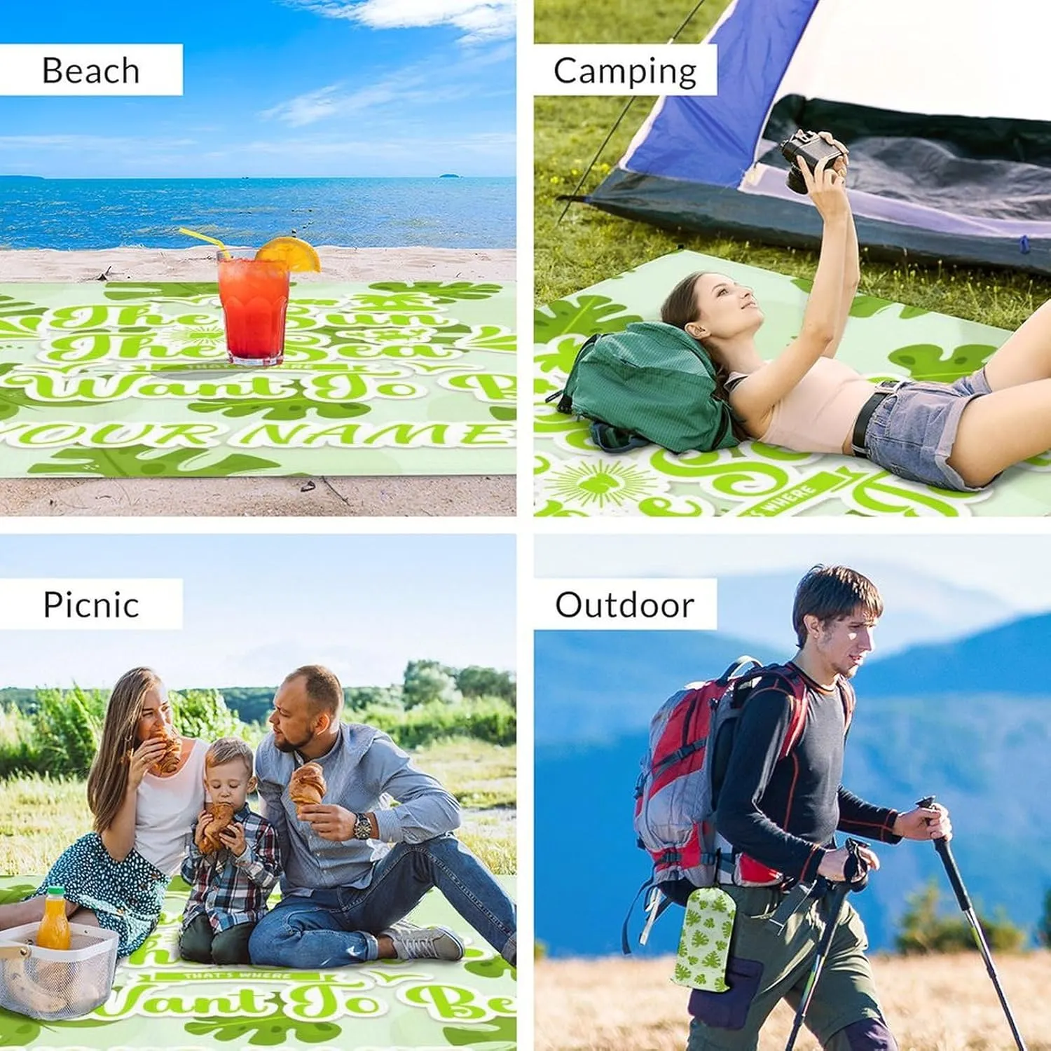 Mercuryelf Beach Blanket Waterproof Sandproof - 87x79 Inches Polyester Outdoor Mat for Camping & Travel - Personalized Green Foldable Picnic Blankets with Stakes & Sand Pocket
