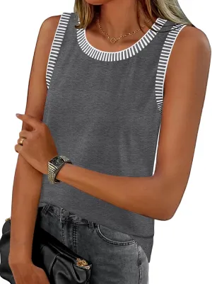 MEROKEETY Women's 2025 Summer Casual Sleeveless Tank Top Crew Neck Striped Color Block T Shirts