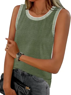 MEROKEETY Women's 2025 Summer Casual Sleeveless Tank Top Crew Neck Striped Color Block T Shirts