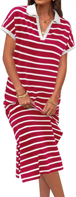 MEROKEETY Women's Summer Striped Short Sleeve Dress V Neck Collared Side Slit Casual Beach Maxi Dresses