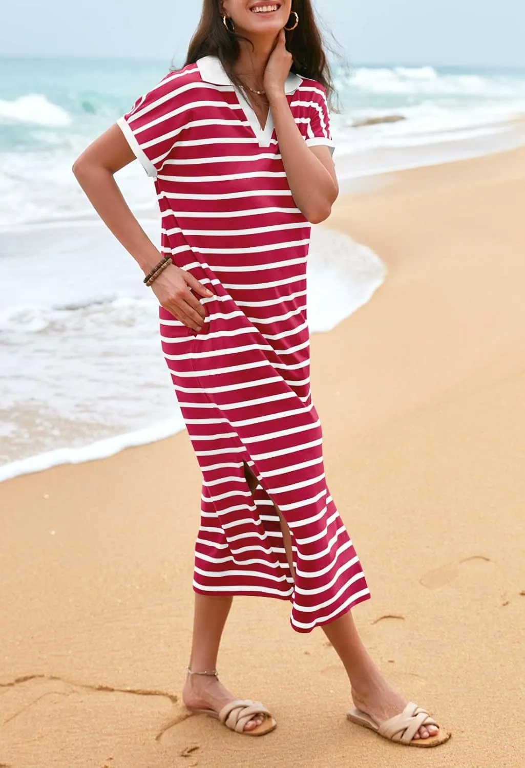 MEROKEETY Women's Summer Striped Short Sleeve Dress V Neck Collared Side Slit Casual Beach Maxi Dresses