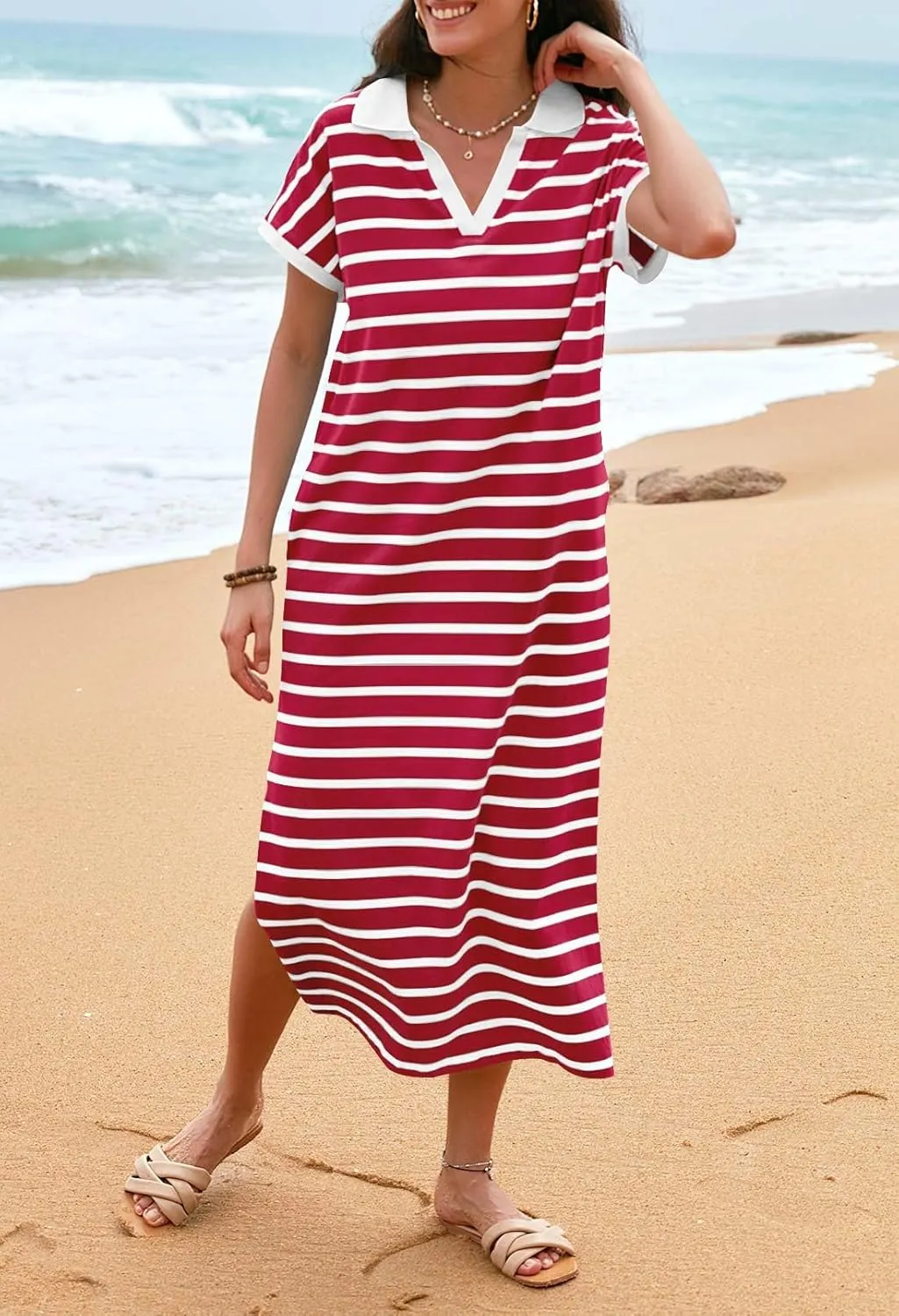 MEROKEETY Women's Summer Striped Short Sleeve Dress V Neck Collared Side Slit Casual Beach Maxi Dresses