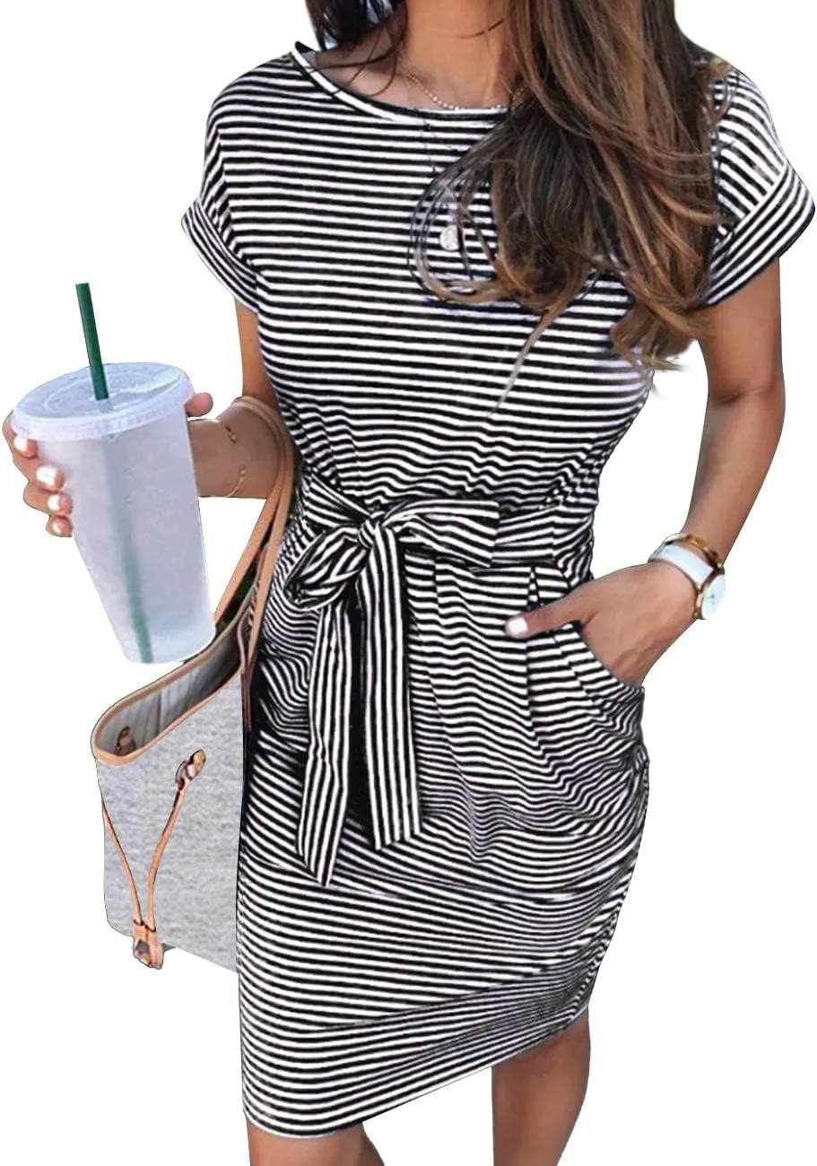 MEROKEETY Women's Summer Striped Short Sleeve T Shirt Dress Casual Tie Waist with Pockets