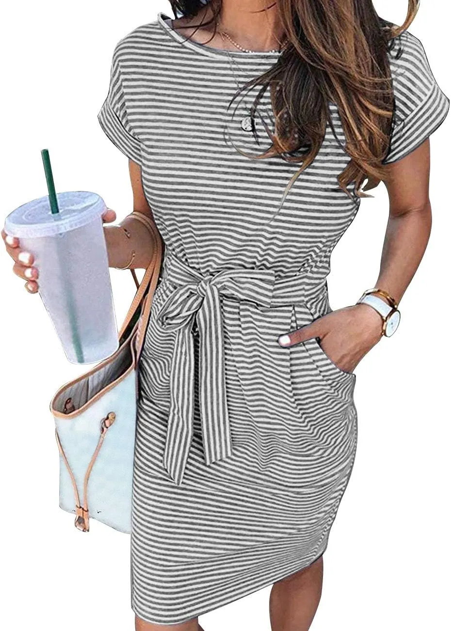MEROKEETY Women's Summer Striped Short Sleeve T Shirt Dress Casual Tie Waist with Pockets