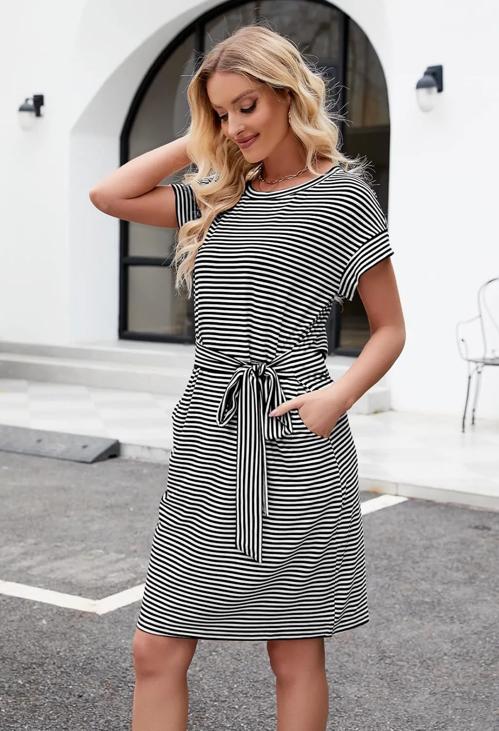 MEROKEETY Women's Summer Striped Short Sleeve T Shirt Dress Casual Tie Waist with Pockets