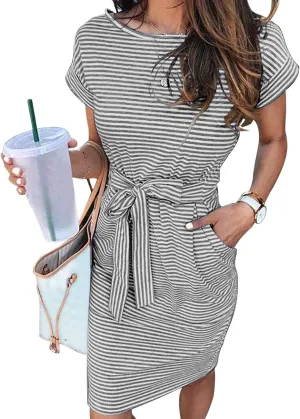 MEROKEETY Women's Summer Striped Short Sleeve T Shirt Dress Casual Tie Waist with Pockets