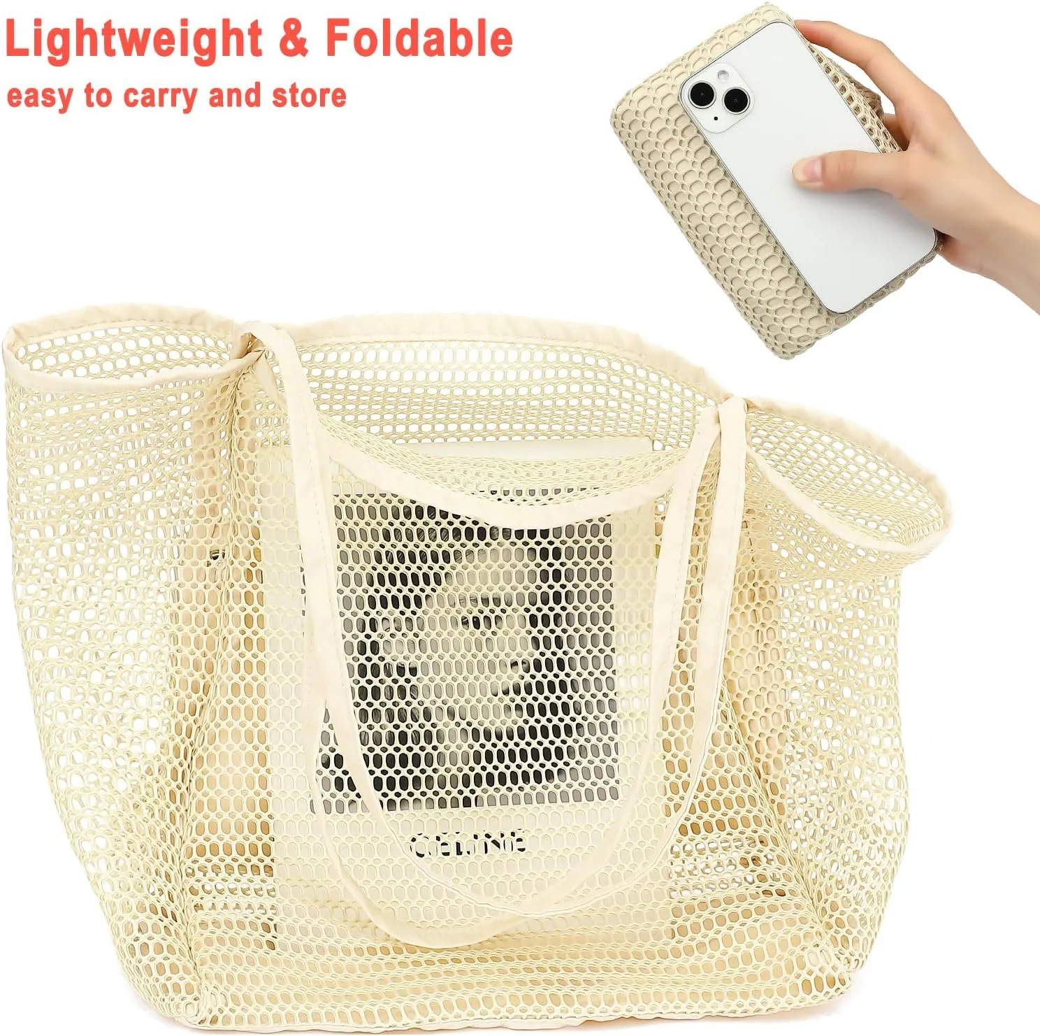 Mesh Beach Bag, Casual Womens Shoulder Handbag, Large Sandproof Beach Tote Bag for Pool/Travel/Vacation Essentials