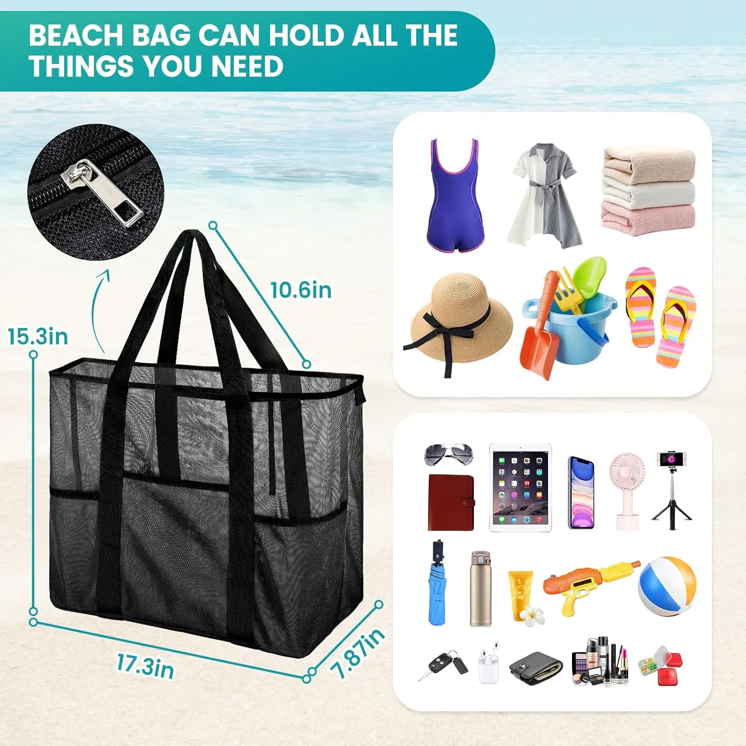 Mesh Beach Bag, Large Bag with Zipper Beach Bags for Women Waterproof Sandproof with 5 Pockets Green
