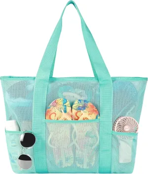 Mesh Beach Bag, Large Bag with Zipper Beach Bags for Women Waterproof Sandproof with 5 Pockets Green