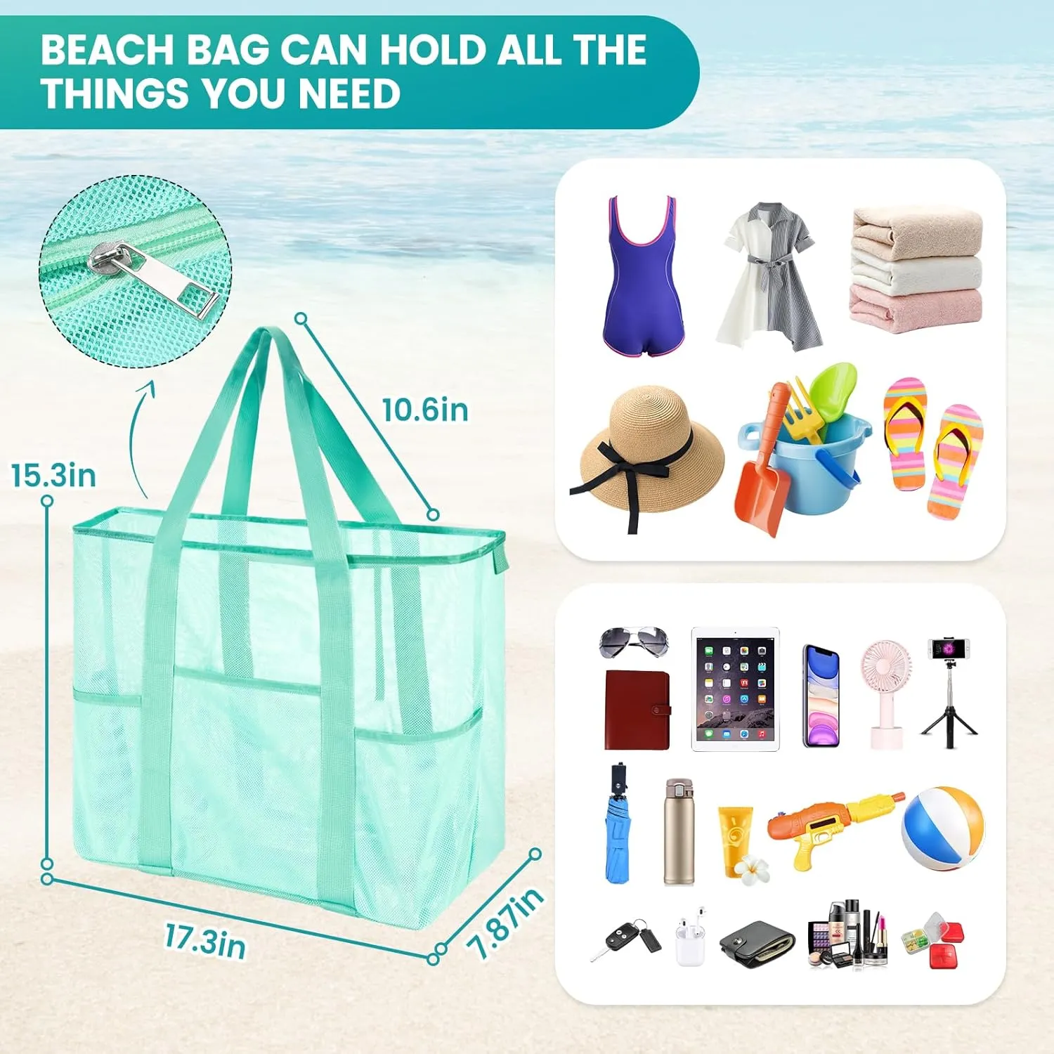 Mesh Beach Bag, Large Bag with Zipper Beach Bags for Women Waterproof Sandproof with 5 Pockets Green