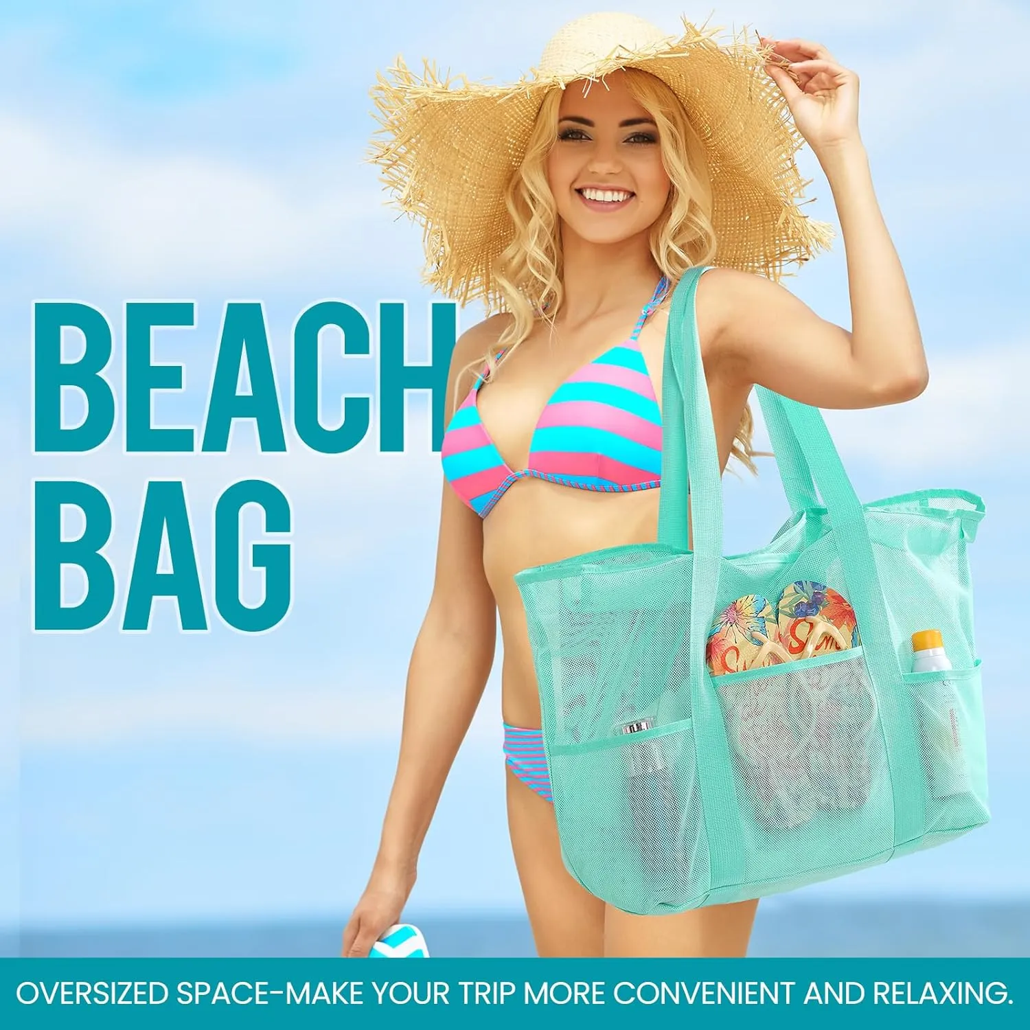 Mesh Beach Bag, Large Bag with Zipper Beach Bags for Women Waterproof Sandproof with 5 Pockets Green