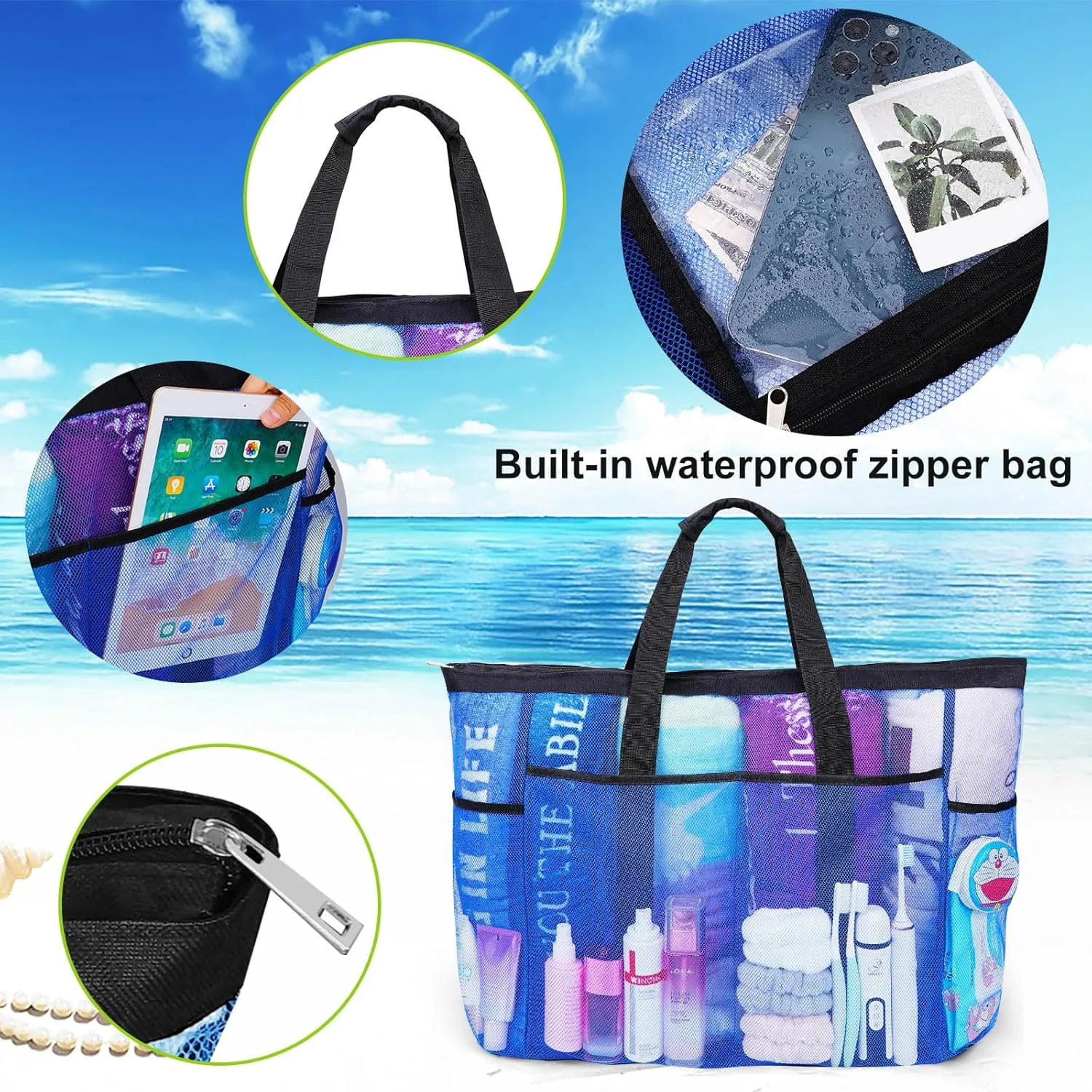 Mesh Beach Bags for Women - Plus Waterproof Sandproof Tote Bag
