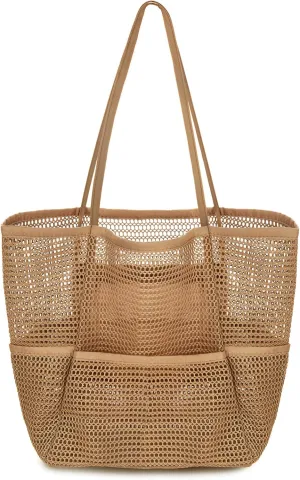 Mesh Beach Tote Bag for women, Women's Pool Bag, Beach Vacation Swimming Family Travel Organizer (Caramel)