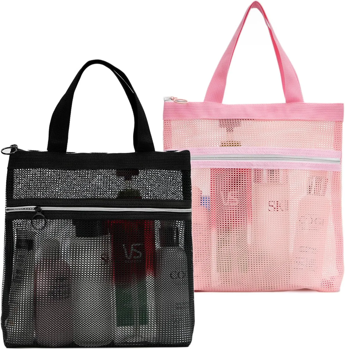 Mesh Shower Caddy Bag Portable Small Hanging Toiletry Tote Bag for Gym Travel Beach Bathroom Sunscreen (Black&Pink)