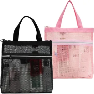 Mesh Shower Caddy Bag Portable Small Hanging Toiletry Tote Bag for Gym Travel Beach Bathroom Sunscreen (Black&Pink)