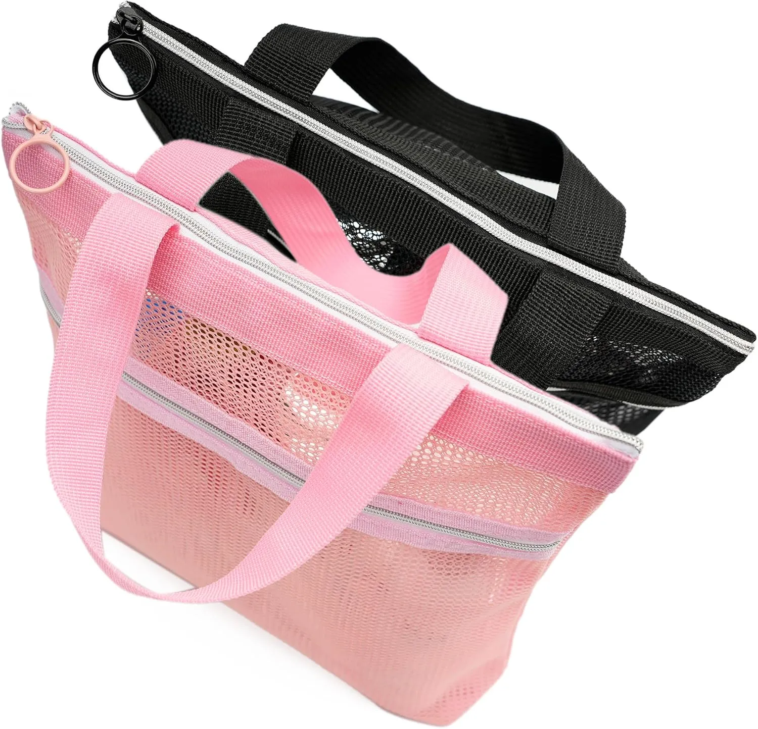 Mesh Shower Caddy Bag Portable Small Hanging Toiletry Tote Bag for Gym Travel Beach Bathroom Sunscreen (Black&Pink)