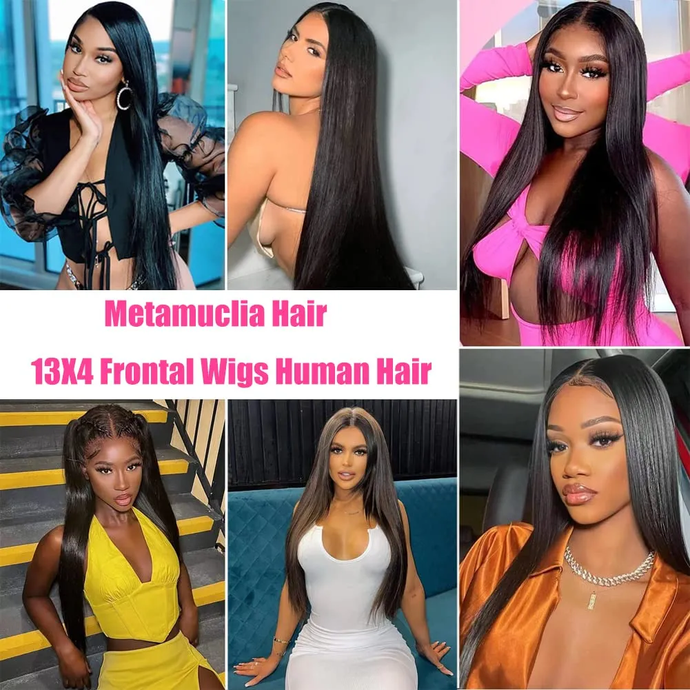 Metamuclia Straight Lace Front Wigs Human Hair Pre Plucked 180% Density 13x4 Frontal Wigs 26 Inch HD Transparent Lace Wig 10A Brazilian Virgin Wigs for Women with Baby Hair Natural Hairline